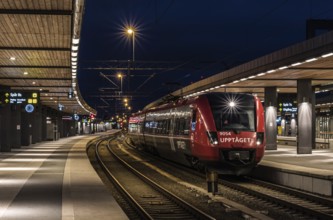 Uppsala, Uppland, Sweden, 07 27 2019 Train waiting at the platform at the Uppsala railwaytation by