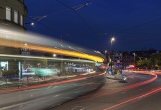 Berchem-Sainte- Agathe, Brussels Capital Region- Belgium, 10 10 2021: Light trails of a tramway