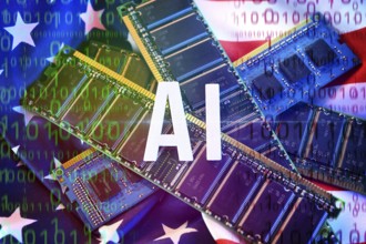 AI lettering on computer chips and USA flag, symbolic photo for the American AI project Stargate,