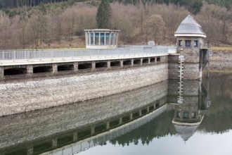 Dam of the Lister Reservoir, turbine tower at Bigge Reservoir hydroelectric power station, Olpe,