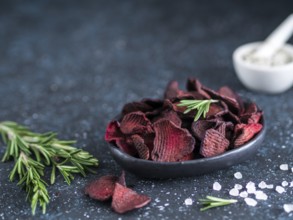 Baked beet slices with coarse sea salt scented rosemary. Vegan diet food idea and recipe. Healthy