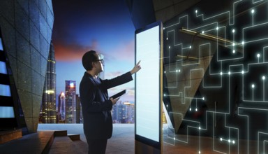 Smart Businessman berühren den Bildschirm, um die Informationen des intelligenten