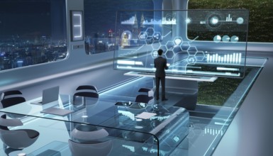 Successful smart businessman work at modern futuristic office. 3d rendering