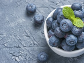 Freshly picked blueberries closeup. Ripe and juicy fresh blueberry with green mint leaves on