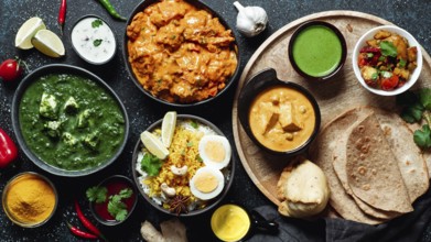Indian cuisine dishes: tikka masala, paneer, samosa, chapati, chutney, spices. Indian food on dark