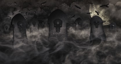Cemetery At Night With Tombstones With Skulls And Cloudy Sky Full Of Stars in The Background.