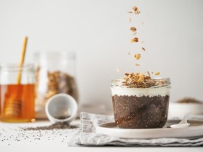 Healthy breakfast concept and idea- chia pudding with organic raw cocoa, white vegan soft cheese