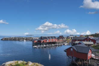 Town centre with Brygga Restaurant, Vestfjord in the background, A i Lofoten, Moskenesoy, Lofoten,