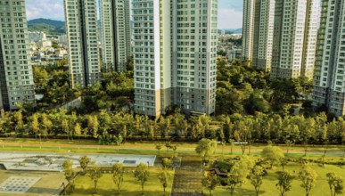 Daejeon, South Korea, September 24, 2020: For editorial use only Aerial view of park with fountain