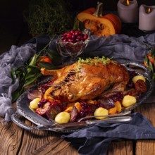 Roast duck with potato dumplings and plums