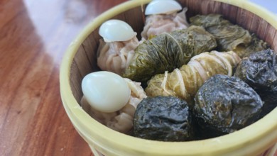 A bamboo steamer filled with diverse dim sum including Japanese siomai, steamed cabbage rolls, and