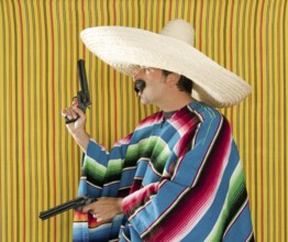 Bandit Mexican revolver mustache gunman sombrero poncho serape