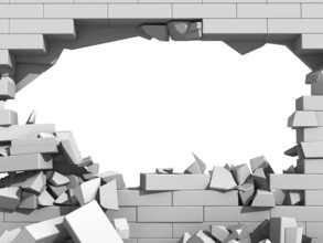 3d illustration of a crumbling concrete wall and a large hole with white copy space behind