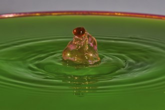 A reddish-brown drop hits green liquid and forms water rings, water droplets, collision, high-speed