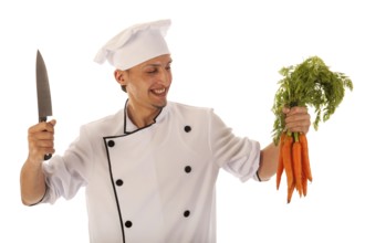 Cook preparing fresh carrots isolated over white background