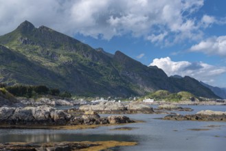 Landscape with rocky coast at the Vestfjord, Sorvagen, Lofoten, Norway, Europe