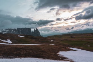 Panoramic view of Mount Sciliar from Alpe di Siusi in the Dolomites in South Tyrol, Italy, Europe