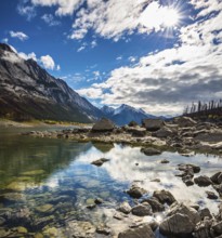 The shoaled Medicine Lake. Jasper national park, Canada, North America