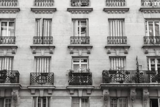 Symmetry of windows, shutters and balconies of a residential building in Paris, France, Europe