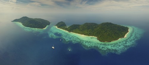 Aerial top panorama view of beauty nature landscape with beach, corals and sea on tropical Koh Rok