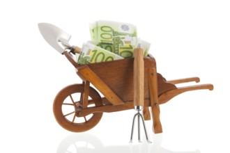 Gardening with euros in wheelbarrow isolated over white background