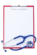 A clipboard with a piece of paper and a stethoscope. Survey and findings with a doctor. Austria