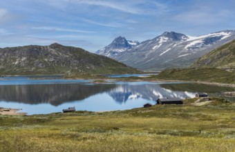 Walking track in national park from bitihorn to stavtjedtet with lakes fjord and snow on the