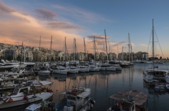 Freattyda, Athens, Greece, 12 28 2019 Golden hour landscape view over the marina of Piraeus with
