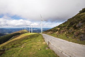 Renewable energy. Wind turbines, eolic park in scenic landscape of basque country, Spain, Europe