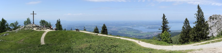 Upper Bavaria, Chiemgau Alps, Germany, June 4, 2022, panoramic view with KAB mountain cross