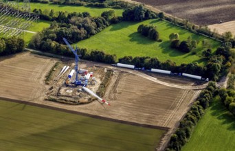 Construction of a wind turbine in Münsterland. Wind energy, alternative energy