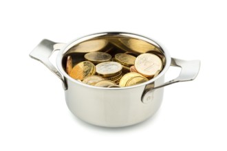 A cooking pot half-filled with euro coins, symbolising national debt and financial needs