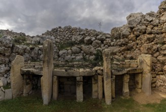 Xaghra, Malta, 20 December, 2023: detail view of the neolithic temple ruins of Ggantija on Gozo