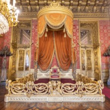 Turin, Italy, Circa August 2021: old throne room interior with chair in luxury palace. Red and gold