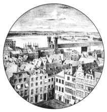 Historical architectural illustration from the 19th Century, 1881, German Renaissance style, 16th
