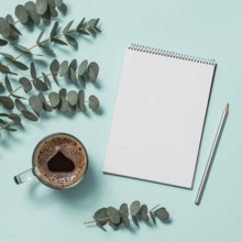 Blank paper notebook with pencil and coffee cup. Empty paper sketchbook with pincil and eucalyptus