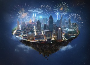 Fantasy island floating in the air with modern city skyline and lake garden, Night scene with