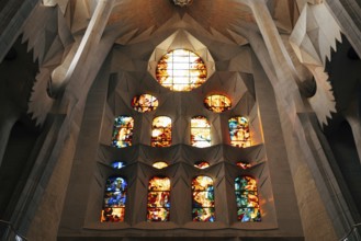 Barcelona, Spain - 15 December 2019: Stained windows from inside the Sagrada Familia in Barcelona,