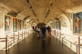 Venaria Reale, Turin, Italy, 16 July 2023: old gallery, museum with paintings perspective, Europe