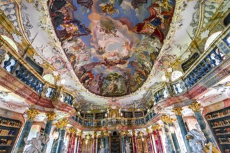 WIBLINGEN, BAVARIA, GERMANY, JUNE 08, 2022 : Rococo and baroque decors of the library in Wiblingen