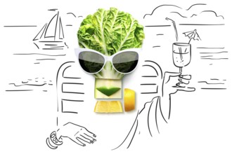 Quirky food concept of cubist style female face in sunglasses on a beach of fruit and vegetables,