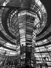 Interior view of the Reichstag dome in Berlin, black and white, Berlin, Germany, Europe