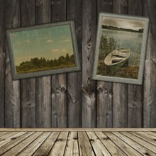 Wooden interior with old frames photos of nature