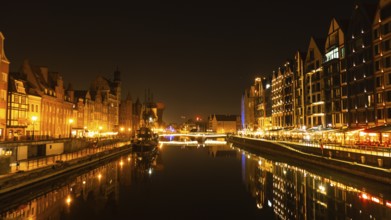 Old town in Gdansk at night. The riverside on Granary Island reflection in Moltawa River Cityscape