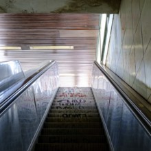 Old, graffitoed escalator at U Yorckstraße subway station in Berlin, Germany in July 2018