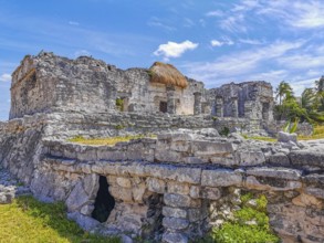 Ancient Tulum ruins Mayan site with temple ruins pyramids and artifacts in the tropical natural