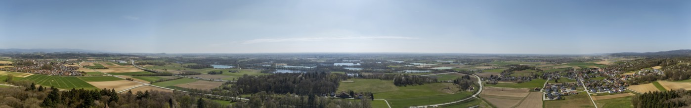 Expansive panorama with fields, forests and lakes under a blue sky, New Steinach Castle, Lower