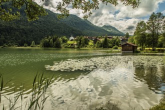 View over the Weissensee lake near Füssen in the Ostallgäu district to Oberkirch with the church of
