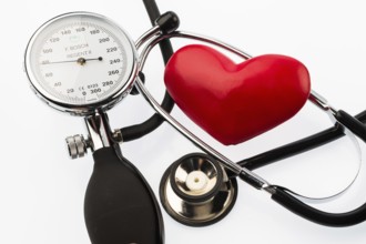 A sphygmomanometer, a heart and a stethoscope lie on a white background Austria