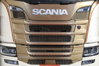FORSSA, FINLAND, MAY 1, 2017: Detail of Next Generation Scania R500 semi truck front in colors of
